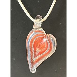 Red & White Oblong Unique Handmade Heart Design Glass Pendant On Cord Necklace